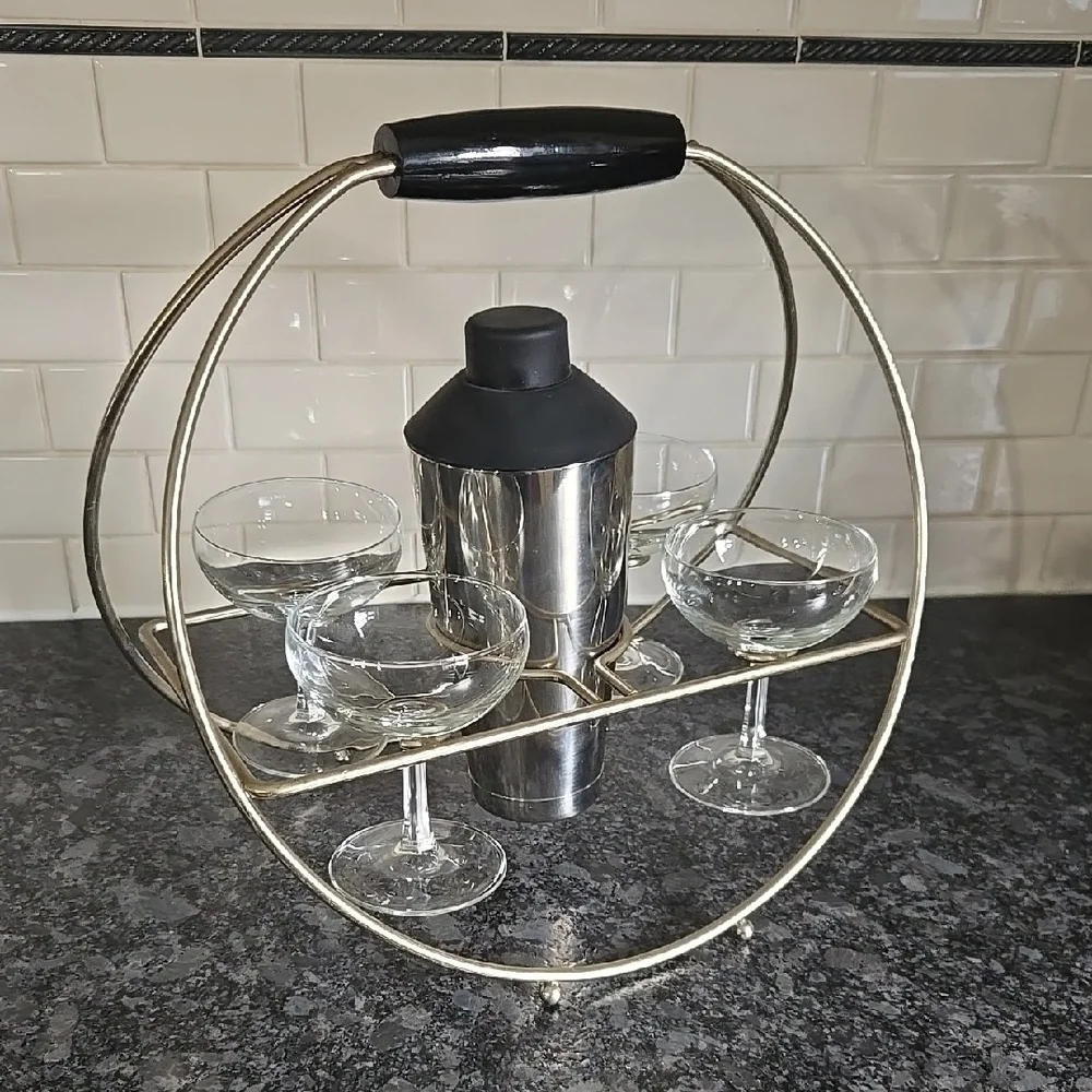 Vintage Brass Cocktail Carrier with Glasses and Shaker